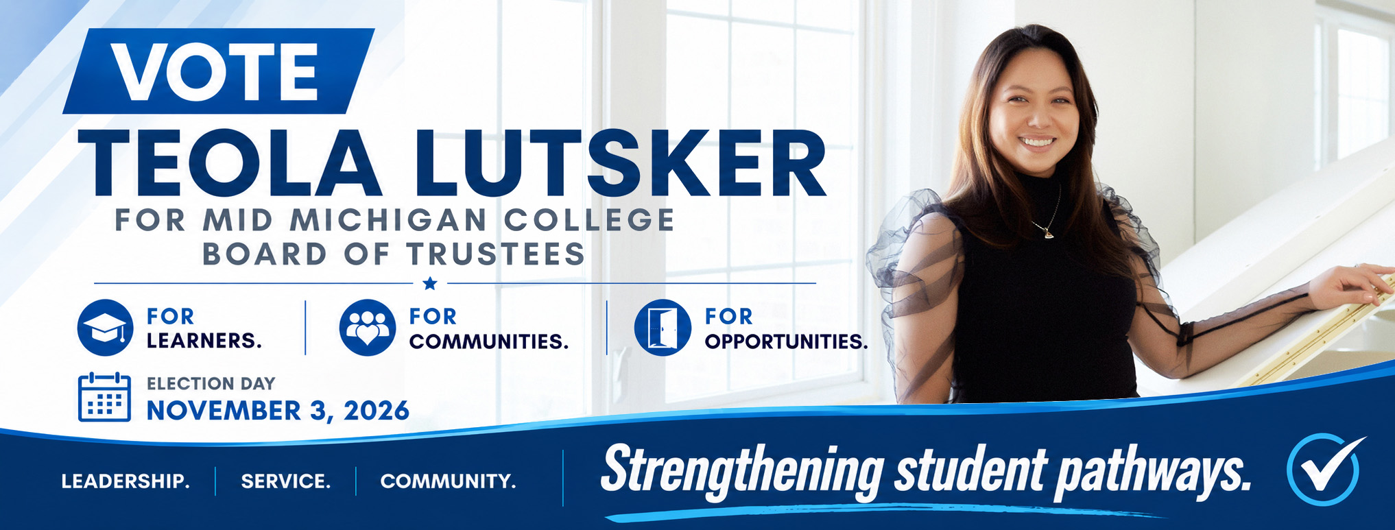 Teola Lutsker for Mid Michigan College Board of Trustees campaign banner
