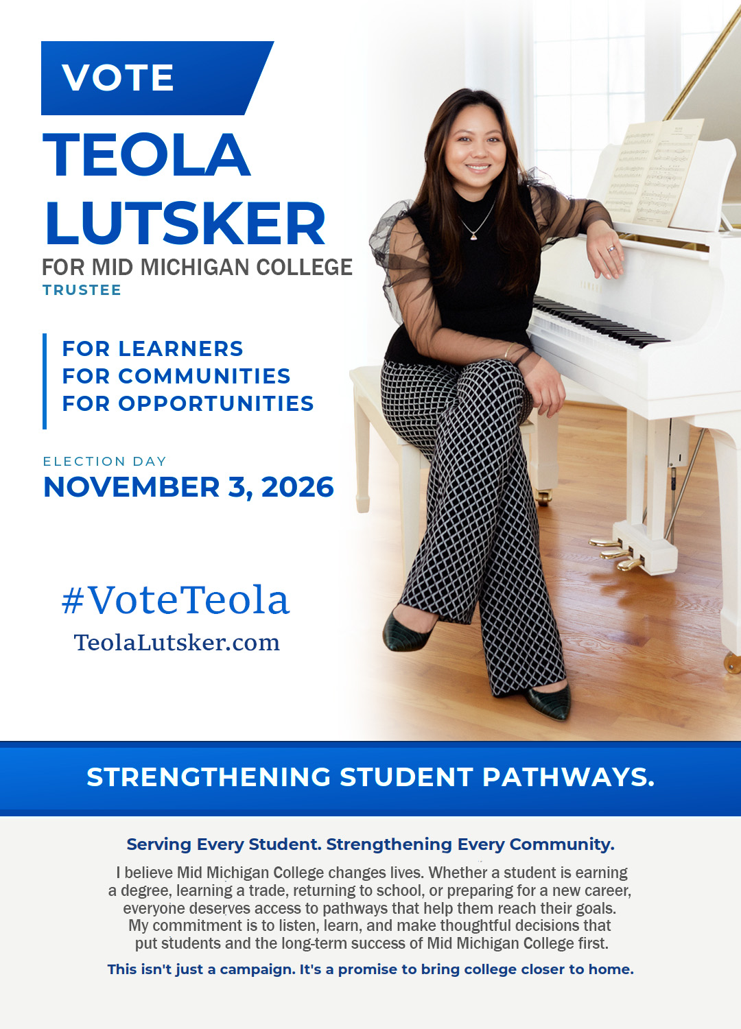 Vote Teola Lutsker campaign graphic for Mid Michigan College trustee